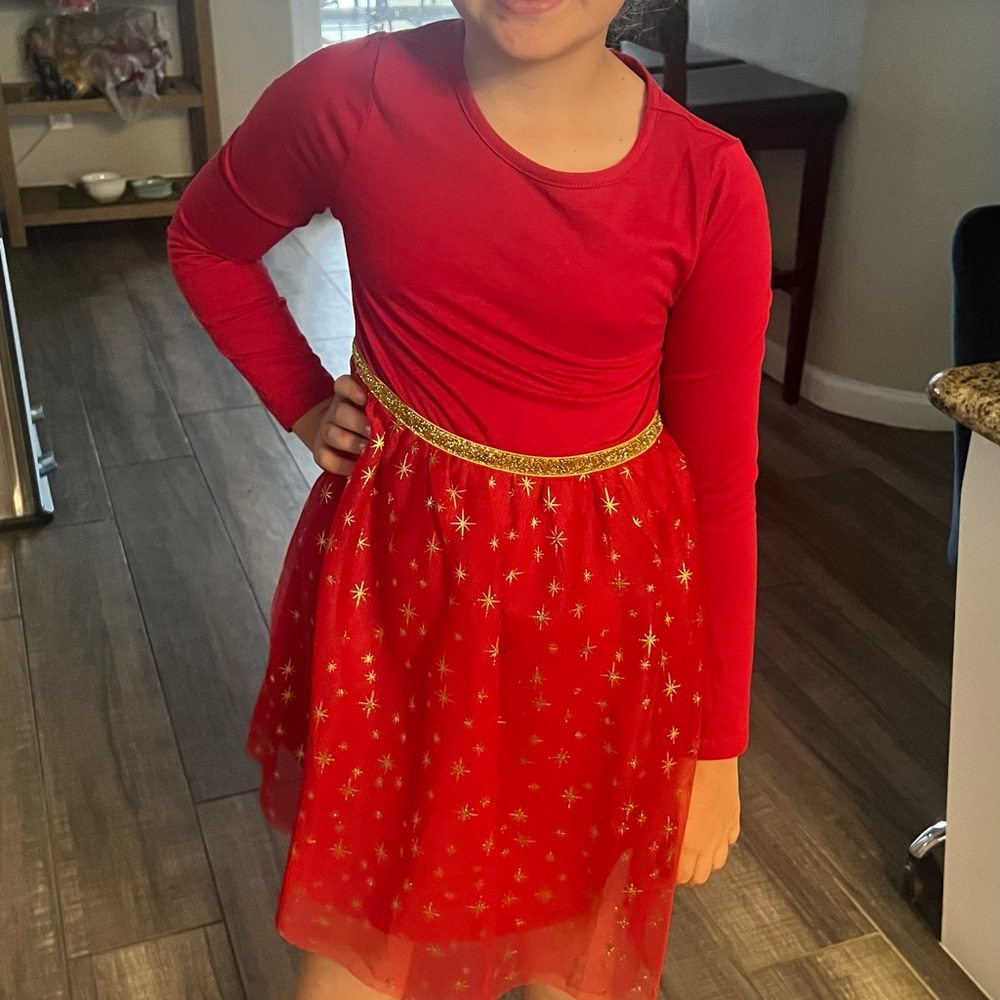 Christmas Dress 🎅🏻 Girls size L 10 Red and gold stars & sparkly waist